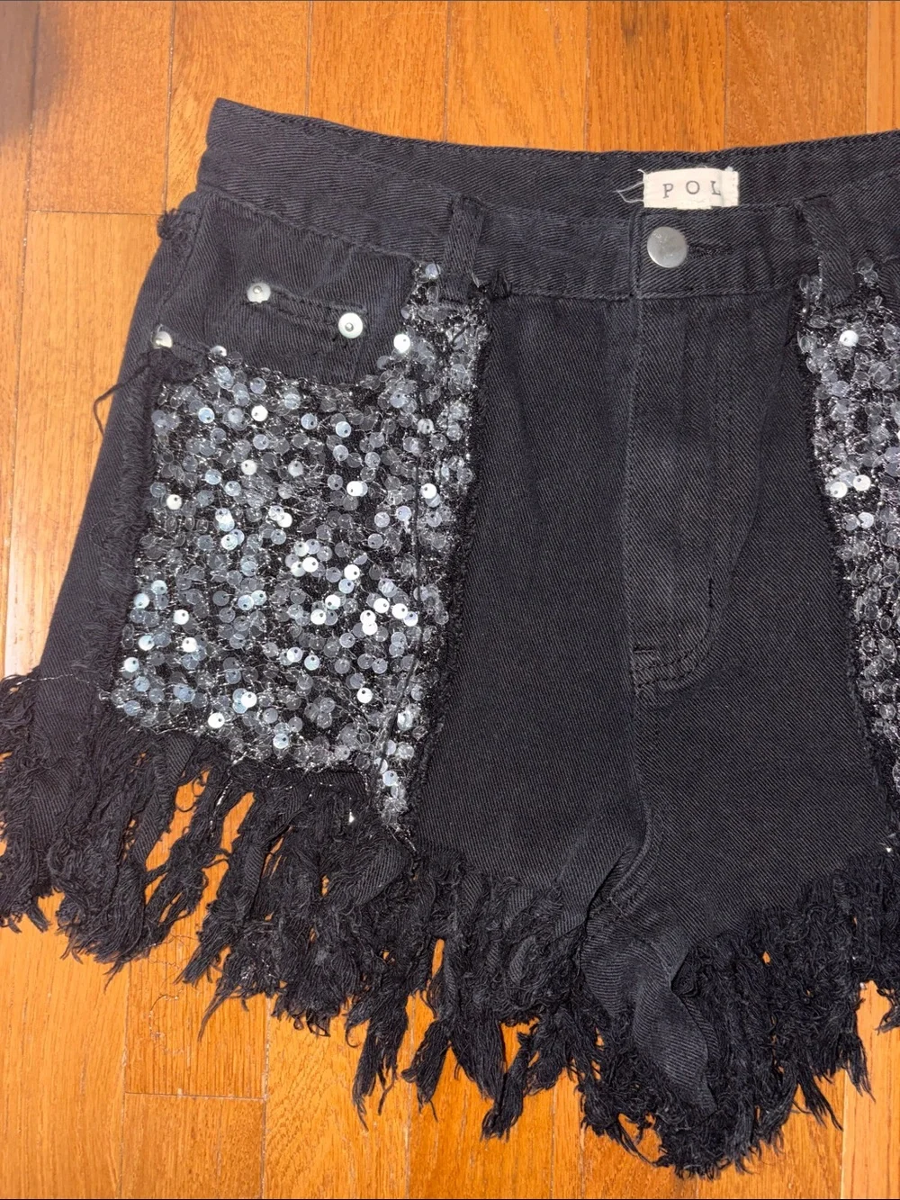 POL Black Sequin Fringe Denim Shorts M Distressed Festival Western Cowgirl